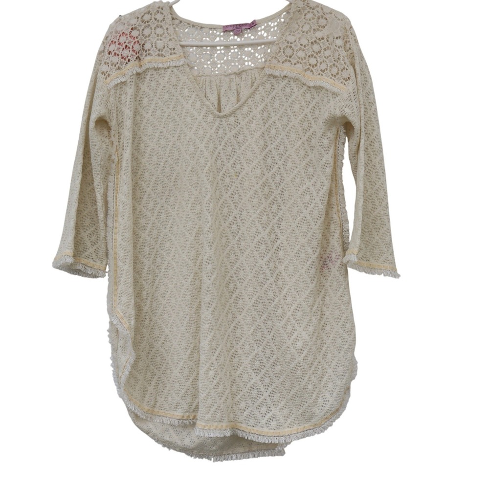 Calypso St Barth Ivory Lace Crochet Tunic Top Fringe Trim VNeck Small Boho beige